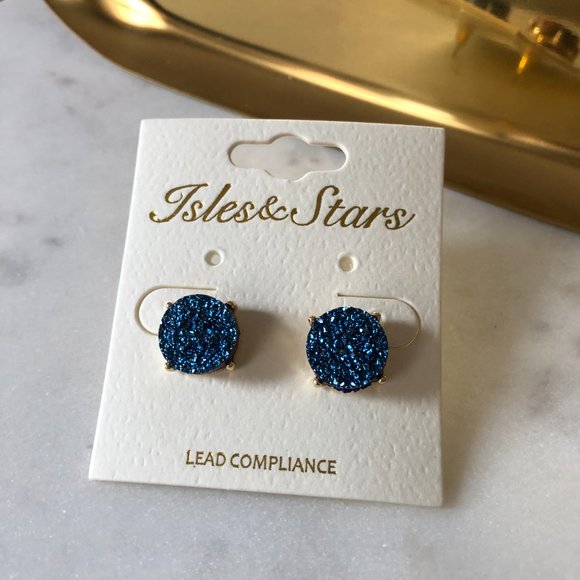 Jewelry - Blue Druzy Small & Dainty Stud Earrings, Simulated Cluster Glitter Stone Studs